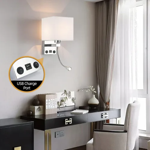 Miniatura 6 de Apliques de pared con cableado moderno para dormitorio con puerto USB y lámpara de lectura, lámparas de pared de noche para hotel, sala de estar