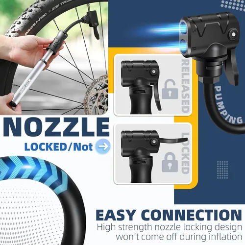 Miniatura 5 de Bomba de bicicleta Mini bomba de bicicleta – Bomba de ciclo de aleación de aluminio para válvula Presta y Schrader, bomba de neumáticos de bicicleta