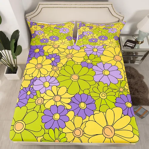 Miniatura 14 de Juego de ropa de cama con diseño floral bohemio, tamaño individual, diseño retro de flores groovy, 60S y 70S, diseño de flores hippie para niños