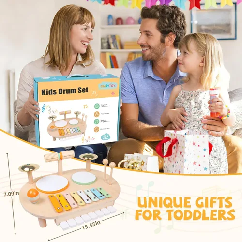 Miniatura 6 de YHHYTOY Juego de batería para bebé, instrumentos musicales de madera para bebés de 1 a 3 años, juego de percusión de mesa de actividades musicales