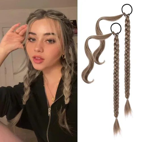 Miniatura 25 de YOGFIT 2 piezas Extensión de cola de caballo trenzada DIY, extensión de cola de caballo larga y lacia con envoltura natural, cabello sintético suave