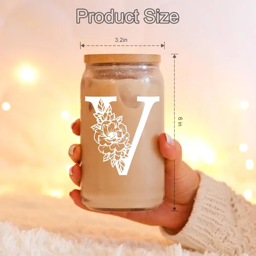 Miniatura 5 de Taza de Vidrio Inicial Coolife, Regalos Personalizados para Mujeres, Tazas de Vidrio de 16 oz con Tapas y Popotes, Vaso de Café Helado, Licuado