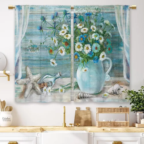 Miniatura 12 de Cortinas de Cocina de Girasol Estilo Granja, Cortinas de Ventana Cortas Pequeñas de Café con Flores Rústicas Florales del Campo, Cortinas de Ventana