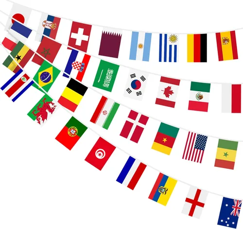 AhfuLife Bandera mundial de 32 países para decoración de fiestas, banderas internacionales de poliéster de doble cara para la Copa del Mundo