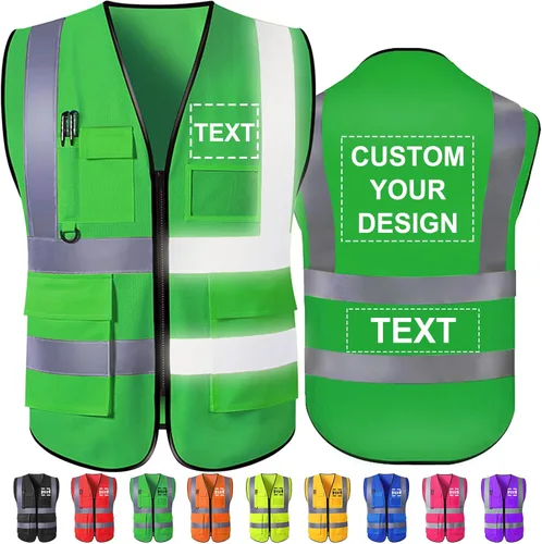Miniatura 14 de Chaleco de seguridad personalizado Chalecos reflectantes de alta visibilidad con bolsillos con cremallera, logotipo personalizado clase 2 para Azul