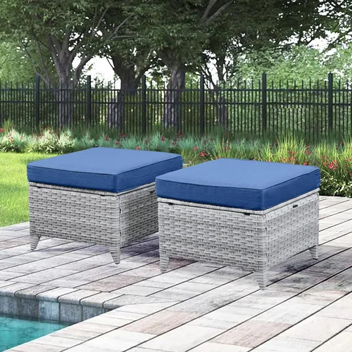 Miniatura 2 de Belord Juego de 2 taburetes otomanos de mimbre de ratán para todo tipo de clima, con cojines suaves para muebles de patio Cojín de mimbre gris