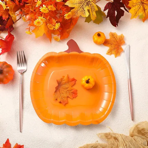 Miniatura 7 de Dandat 50 platos de papel desechables de calabaza de otoño de 9 pulgadas, platos de fiesta de cosecha de Acción de Gracias, naranja redondo