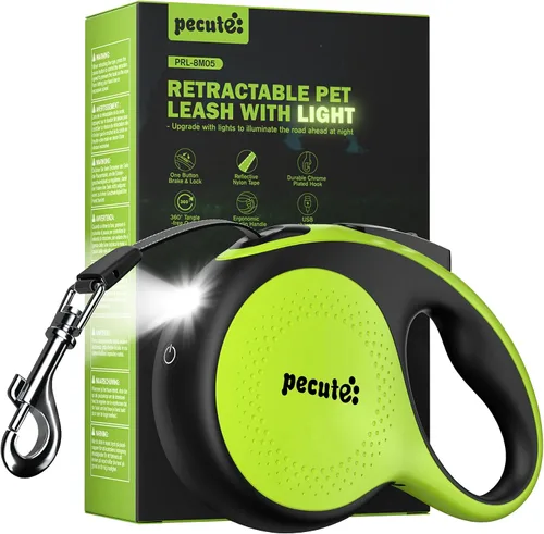 Miniatura 10 de Pecute Correa retráctil para perro con linterna, correa retráctil resistente de 26 pies para mascotas con luz, control de un botón, protección