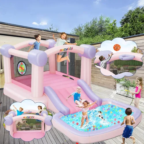 Miniatura 7 de AKEYDIY Pastel Dream Casa de Rebote para Niños de 3-10, Casa de Rebote de Agua de 161x82x63 pulgadas con Tobogán, Piscina de Pelotas/Foso