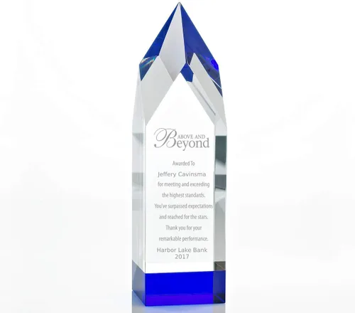 Miniatura 8 de Baudville Trofeo grabado – Cristal – Azul en la base – Premio para empleados – Grabado personalizado – Viene en caja de regalo