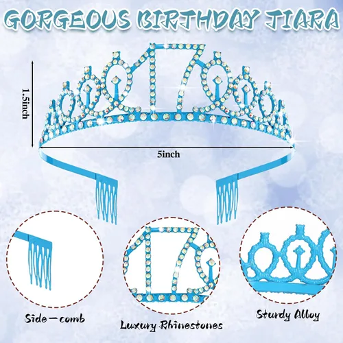 Miniatura 3 de Crowye Decoraciones de cumpleaños número 17, corona de tiara de 17 años, banda, decoración para tartas, velas, suministros para fiestas, regalos Azul