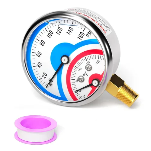 MEANLIN MEASURE Manómetro térmico de acero inoxidable de 0-160 psi, 30-250 ℉, llenado de líquido, esfera de cara NPT de 2.5 pulgadas, con cinta de