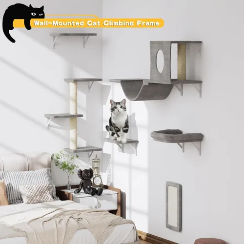Miniatura 3 de NUNU LAB Juego de muebles para gatos montados en la pared, juego de 6 piezas para escalar con casa, puente, escalones, tabla rascadora - Paredes
