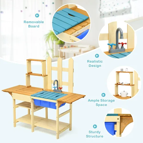 Miniatura 2 de Costzon Cocina de barro para niños al aire libre, cocina de madera con fregadero extraíble, grifo, estantes de almacenamiento, mesa de barro, juego