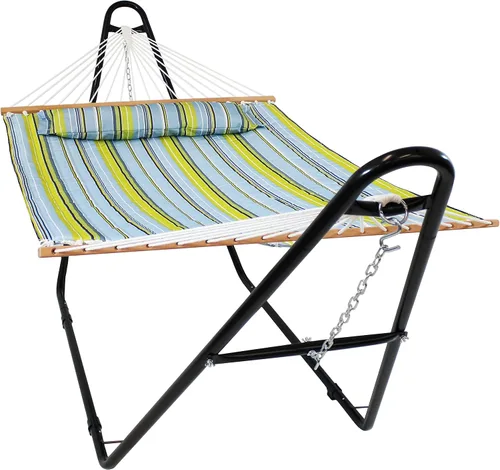 Sunnydaze Hamaca de tela acolchada doble con soporte universal de acero, capacidad de 450 libras, soporte negro, azul y verde