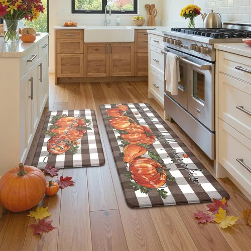 Miniatura 3 de KIMODE Tapetes Antifatiga para Piso de Cocina 17"x47"+17"x29", Juego de 2 Alfombras de Cocina a Cuadros Marrón y Blanco, Tapete de Cocina