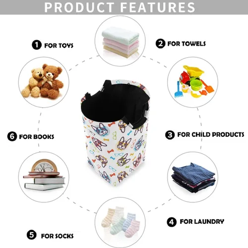 Miniatura 4 de visesunny Cesta plegable para la ropa sucia Bulldog con pajarita de animales grande con asa, juguetes y organización de ropa para baño, dormitorio