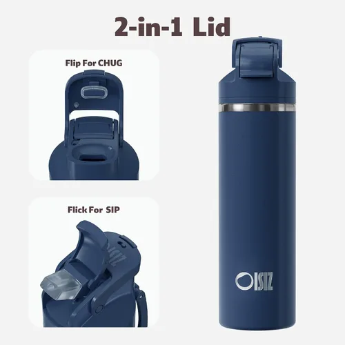 Miniatura 2 de OISIZ Botella de agua aislada de 24 onzas con boquilla 2 en 1 y tapa de popote, cierre de seguridad de un clic, 100% a prueba de fugas, mantiene