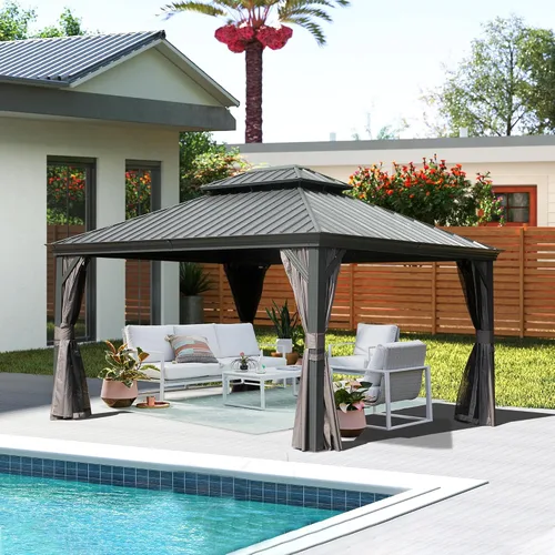 Miniatura 55 de Domi - Cenador permanente de metal con techo rígido de 8 x 8 pies, con doble techo de acero galvanizado, cortinas y malla para fiestas, bodas, Gris