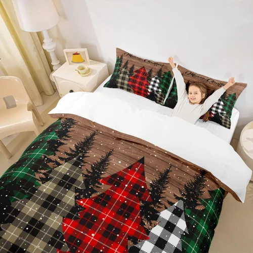 Miniatura 5 de Juego de funda de edredón para niños con diseño de Navidad, tamaño individual, camiones rojos y árboles de pino con copos de nieve, decoración