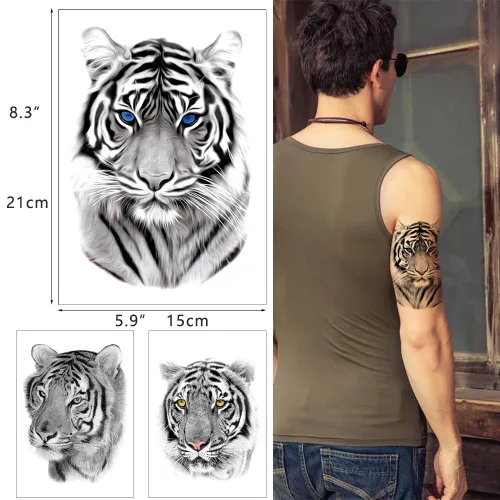 Miniatura 2 de 6 hojas de tatuaje temporal de león tigre negro, tatuaje de pierna y pecho para hombres y mujeres, diseños de animales salvajes arte corporal