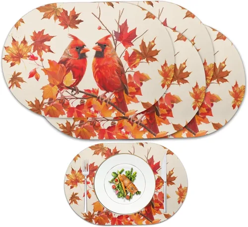 Miniatura 36 de Non Slip Placemats Set of 6 Pumpkin Mushroom Theme Waterproof Wipeable Faux Leather for Thanksgiving Family Feast Heat Resistant Dining Table Mats