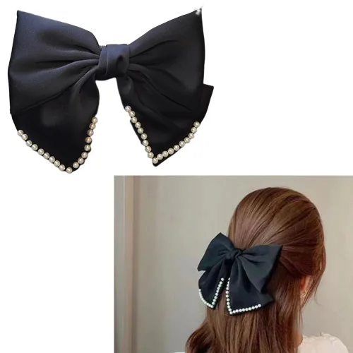 Pinzas para el cabello grandes con lazo negro para niñas y mujeres, pinzas para el pelo con lazos, accesorios para el cabello, lazos de satén negro,