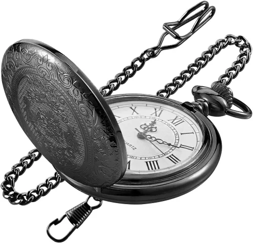Miniatura 9 de Large Decorative Flower Pattern White Roman Numeral Scale Quartz Pocket Watches for Men with Chain