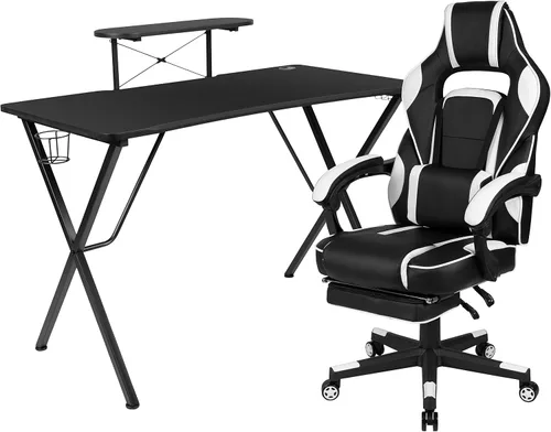 Miniatura 18 de Flash Furniture Juego de escritorio para juegos negro y silla de carreras blanco/negro con soporte para tazas, gancho para auriculares y soporte