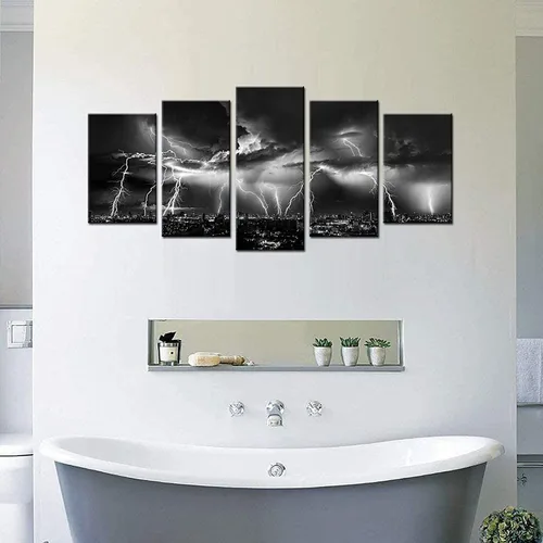 Miniatura 3 de Biuteawal - Arte de pared en blanco y negro de la naturaleza, relámpagos en las nubes, pintura sobre lienzo, tormenta y vista nocturna de la ciudad