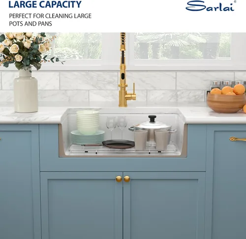 Miniatura 8 de Sarlai - Fregadero de cocina de granja blanco de 33 pulgadas, fregadero de 84 x 51 cm con delantal frontal de cerámica de porcelana vítrea