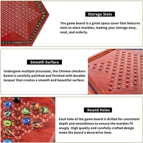 Miniatura 5 de AMEROUS Juego de mesa de damas chinas de madera de 13.6 pulgadas con 60 canicas de vidrio coloridas, juego de estrategia clásico para niños