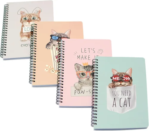 Miniatura 6 de Yansanido Cuaderno de espiral, 4 piezas A5 de tapa dura gruesa con diseño de gato, 0.315 in, 4 colores, 80 hojas, 160 páginas para estudio y notas