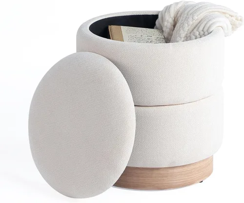 Get Set Style Otomana redonda con almacenamiento, taburetes tapizados modernos con base de madera, taburete de tocador, reposapiés, asiento Beige