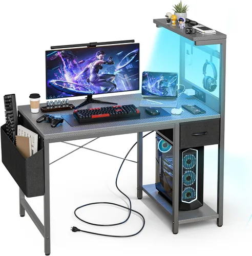 Miniatura 11 de Grandder - Escritorio de juegos de 40 pulgadas con toma de corriente y luz LED, escritorio para computadora con estantes reversibles y cajón