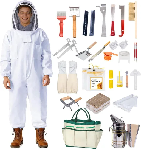 POLLIBEE Kit de inicio de 35 suministros de apicultura con traje de abeja, ahumador y soporte para marco, juego completo de herramientas para