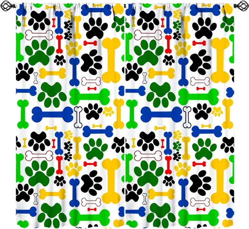 Miniatura 11 de Cortinas opacas con diseño de animales, fondo azul con huellas de perro, huesos y divertido patrón de cachorro, cortinas de sala de estar para niños