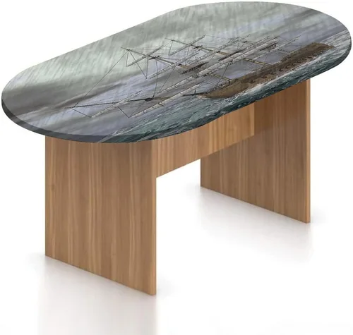 Mantel ajustable ovalado de poliéster con bordes elásticos náuticos, diseño de barco antiguo en el océano en olas y tormentas, se adapta a mesas