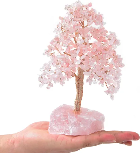 KALIFANO Árbol de cristal de chakra de cuarzo rosa natural prémium (414 piedras preciosas) con base de cuarzo rosa con propiedades curativas, bonsái