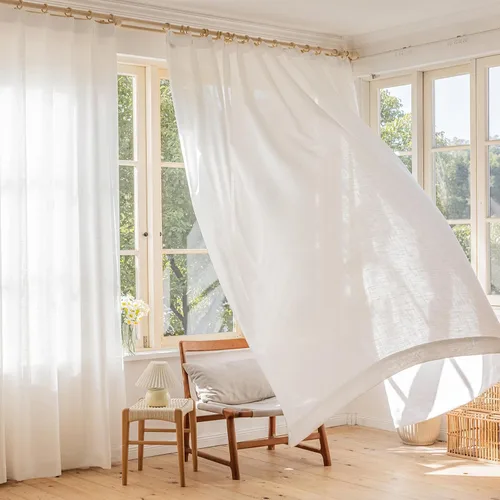 Miniatura 5 de Cortinas traslúcidas con textura de lino blanco de 54 pulgadas de largo, juego de 2 paneles de cortinas semitransparentes para sala de estar