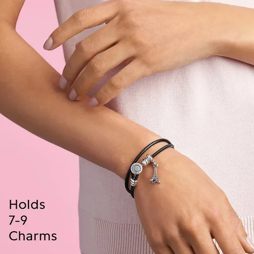 Miniatura 7 de PANDORA Joyería - Pulsera doble de cuero con circonita cúbica en plata de ley, Metal Cuero