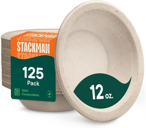 Stack Man Cuencos de Papel, Cuencos de Sopa Desechables 100% Compostables [Paquete de 125] 12 oz. Resistentes, Ecológicos, Biodegradables de Bagazo,