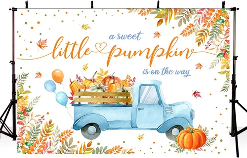 Miniatura 3 de MEHOFOND Telón de fondo de calabaza para baby shower de 7 x 5 pies, diseño de calabaza dulce está en camino, fondo azul para fotografía de hojas
