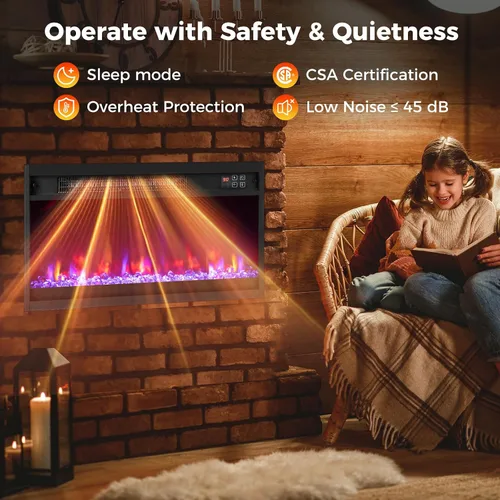 Miniatura 6 de COSTWAY Calentador de chimenea empotrado de 23 pulgadas, inserto de chimenea eléctrica con llama multicolor y cama de brasas de cristal, control