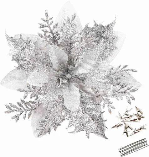 Miniatura 10 de GREENTIME 12 flores de pascua artificiales con purpurina de 5.5 pulgadas, tallos de Navidad, adornos para árbol de Navidad para fiesta de Año Nuevo