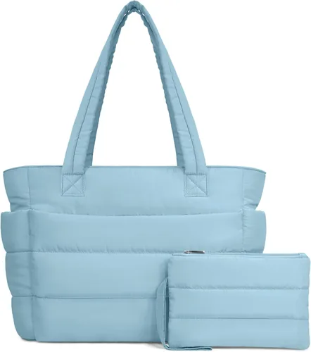Miniatura 26 de TOPDesign Bolsa Tote Acolchada para Mujer, Bolso de Mano Ligero Inflado con Compartimentos, Bolsa de Hombro Acolchada para Trabajo, Viajes, Gimnasio