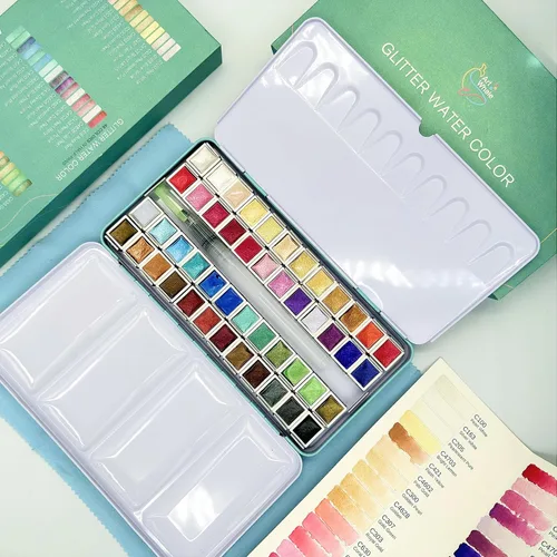 Acuarela metálica 48 colores | Caja de lata y pincel de agua | Pigmentos intensos, mezcla suave