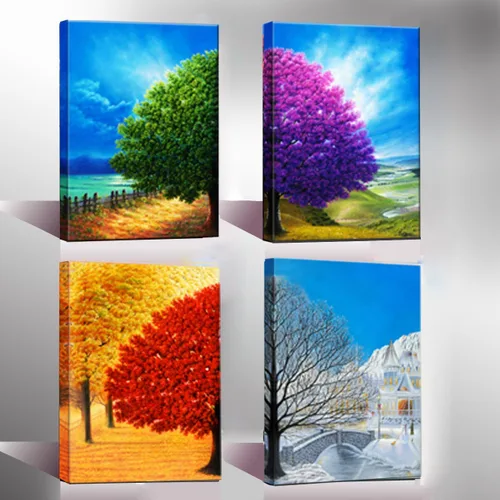 Wieco Art Lienzo decorativo de 4 paneles para pared, diseño de árbol de cuatro estaciones, coloridas impresiones de paisaje de primavera, verano,