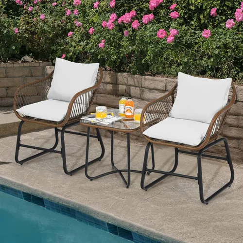 Miniatura 4 de COSTWAY 3PCS Patio Rattan Bistro Set Silla acolchada Mesa de vidrio Cubierta Blanco 3-Como se muestra en la imagen.