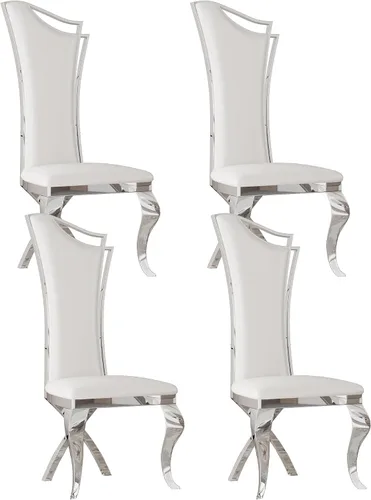 Miniatura 16 de Juego de 2 sillas con 2 sillas de comedor de piel sintética blanca, silla de cocina moderna con respaldo ovalado y patas de acero inoxidable